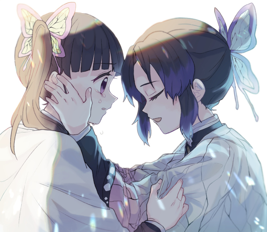 2girls bangs black_hair black_jacket blunt_bangs bug butterfly butterfly_hair_ornament closed_eyes commentary_request crying crying_with_eyes_open eyebrows_visible_through_hair from_side gradient_hair hair_ornament hands_on_another's_arms hands_on_another's_cheeks hands_on_another's_face haori jacket japanese_clothes kimetsu_no_yaiba kochou_shinobu long_hair long_sleeves looking_at_another multicolored_hair multiple_girls open_mouth parted_bangs purple_hair side_ponytail tamakibi tears tsuyuri_kanao upper_body violet_eyes white_background