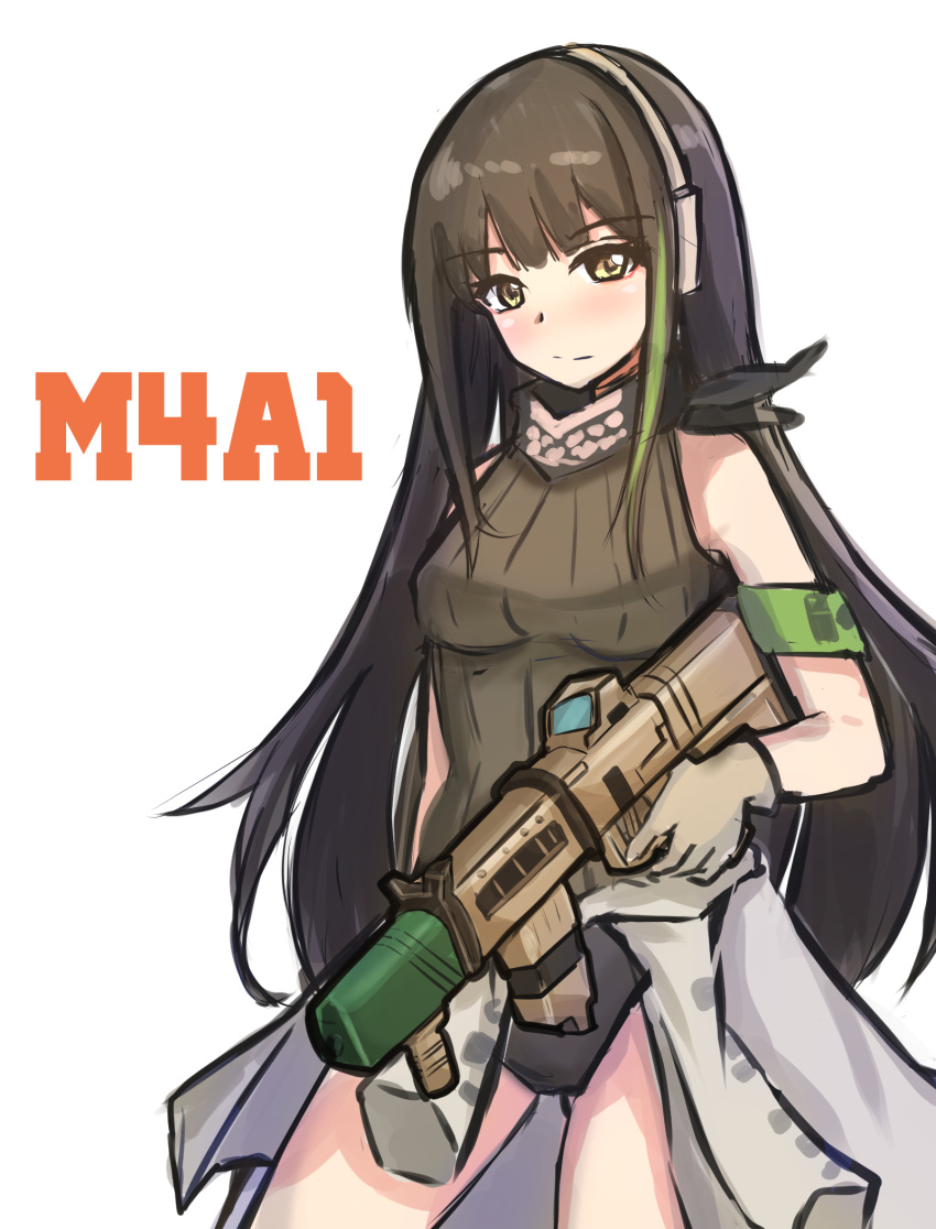 1girl armband bad_gun_anatomy black_hair black_panties blush breasts character_name closed_mouth clothes_around_waist girls_frontline gloves green_vest grey_gloves headset highres jacket jacket_around_waist long_hair looking_at_viewer m4a1_(girls'_frontline) medium_breasts multicolored_hair omurainu panties simple_background solo streaked_hair underwear vest white_background yellow_eyes