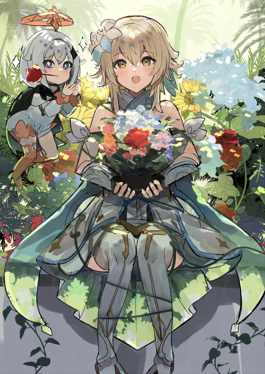 2girls bangs bare_shoulders blonde_hair blue_eyes blush bouquet commentary_request day detached_sleeves dress eyebrows_visible_through_hair feather_hair_ornament feathers flower flower_in_mouth full_body genshin_impact hair_between_eyes hair_flower hair_ornament halo highres holding holding_bouquet long_sleeves looking_at_viewer lumine_(genshin_impact) multiple_girls open_mouth outdoors paimon_(genshin_impact) short_hair_with_long_locks sitting smile star-shaped_pupils star_(symbol) star_hair_ornament symbol-shaped_pupils the_olphy tree white_dress white_flower white_hair yellow_eyes