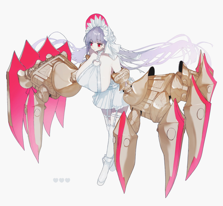 1girl absurdres bangs blunt_bangs blush bonnet bow breasts claw_(weapon) claws closed_mouth commentary eyebrows_visible_through_hair fate/extra fate/extra_ccc fate/grand_order fate_(series) full_body garter_straps garters grey_background halter_top halterneck headdress heart highres huge_breasts long_hair looking_away maid_headdress o-ring o-ring_top passionlip_(fate) pith_u purple_hair red_eyes sideboob simple_background skirt solo symbol-only_commentary thigh-highs very_long_hair weapon white_bow white_footwear white_headdress white_headwear white_legwear white_skirt white_theme