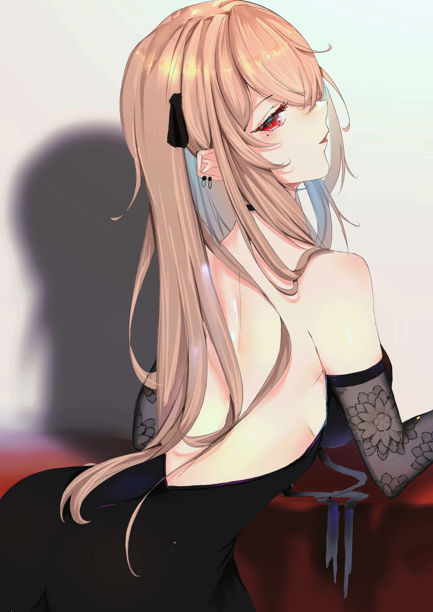 1girl absurdres backless_dress backless_outfit bangs bare_shoulders black_dress black_gloves dress earrings elbow_gloves gloves hair_over_one_eye highres honkai_(series) honkai_impact_3rd jewelry long_hair looking_at_viewer looking_back open_mouth rita_rossweisse solo strapless strapless_dress xiaobayuegao