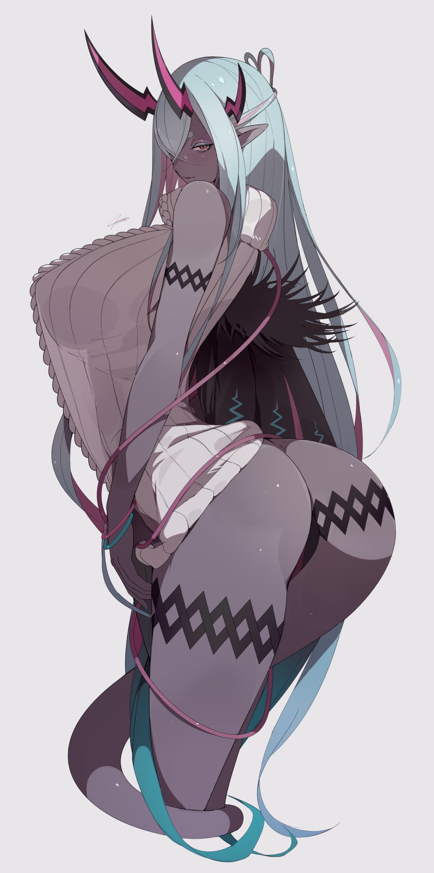 1girl absurdres aqua_eyebrows aqua_eyelashes aqua_hair aqua_nails ass bangs bare_shoulders black_coat blush breasts coat colored_skin earrings eyeliner fate/grand_order fate_(series) fur_trim grey_skin hair_between_eyes highres horns ibuki_douji_(fate) jewelry large_breasts long_hair long_sleeves looking_at_viewer makeup multicolored_hair oni oni_horns parted_lips pink_hair pointy_ears red_eyes revision ribbed_sweater see-through_silhouette sidelocks sleeveless sleeveless_sweater solo sweater tail thighs turtleneck turtleneck_sweater type-moon ub1mo wide_sleeves