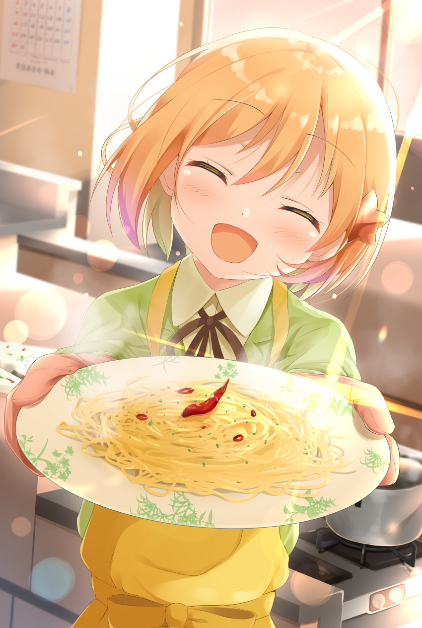 1girl absurdres akitsune_kon anima_yell! apron blonde_hair blush collared_shirt commission eyebrows_visible_through_hair facing_viewer food hair_between_eyes hair_ornament highres holding holding_plate mika_miche open_mouth oven_mitts pasta plate pot shirt short_hair smile solo yellow_apron