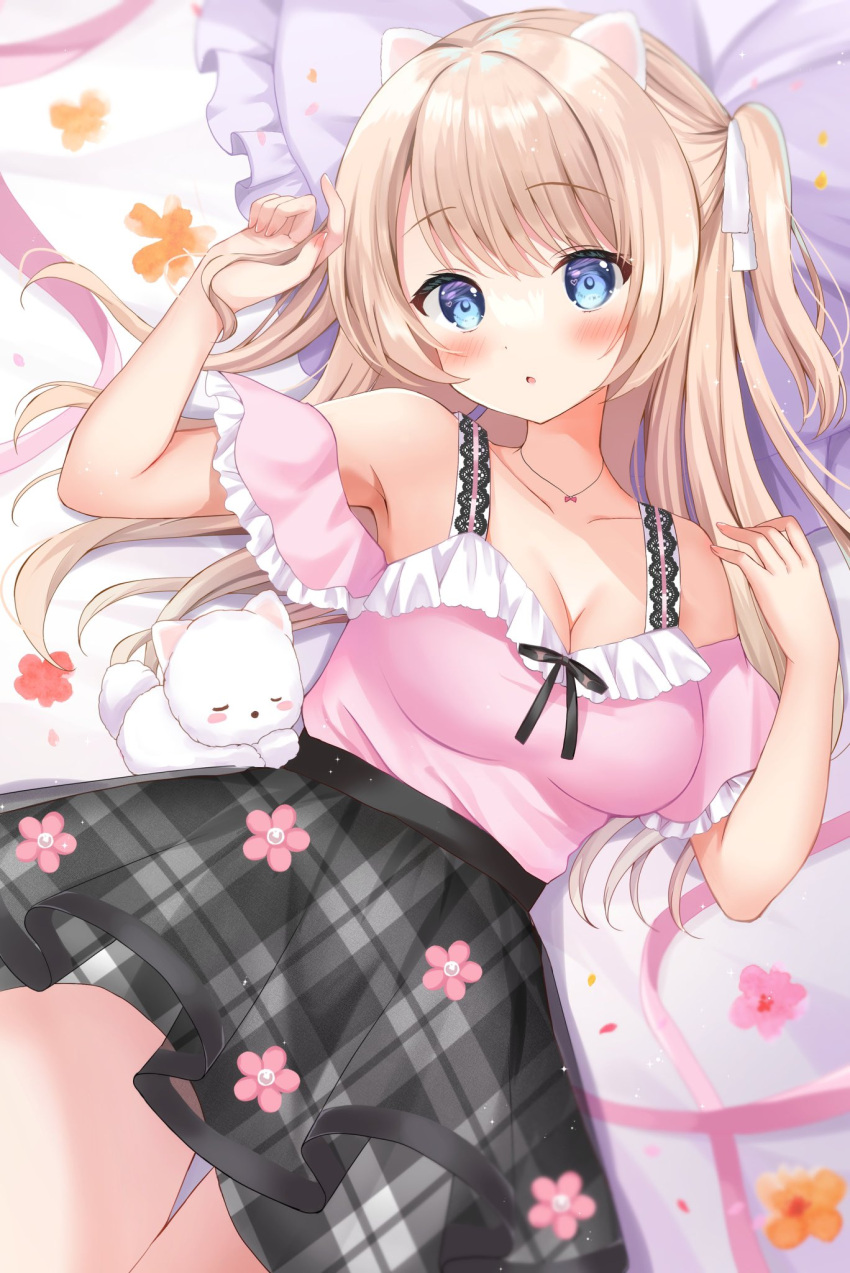 1girl animal_ears bed blonde_hair blue_eyes blush bow breasts dog dog_ears dog_girl hair_bow hamico highres indie_virtual_youtuber looking_at_viewer looking_up lying on_back pale_skin shiroinu_lily skirt virtual_youtuber