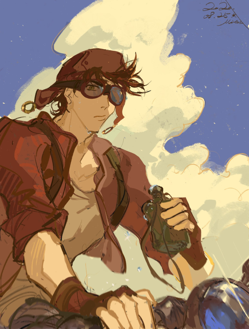 1boy aviator_cap battle_tendency binoculars brown_hair clouds cropped_jacket fingerless_gloves gloves goggles ground_vehicle hat highres holding holding_binoculars jojo_no_kimyou_na_bouken joseph_joestar joseph_joestar_(young) male_focus mitus motor_vehicle motorcycle muted_color short_sleeves solo