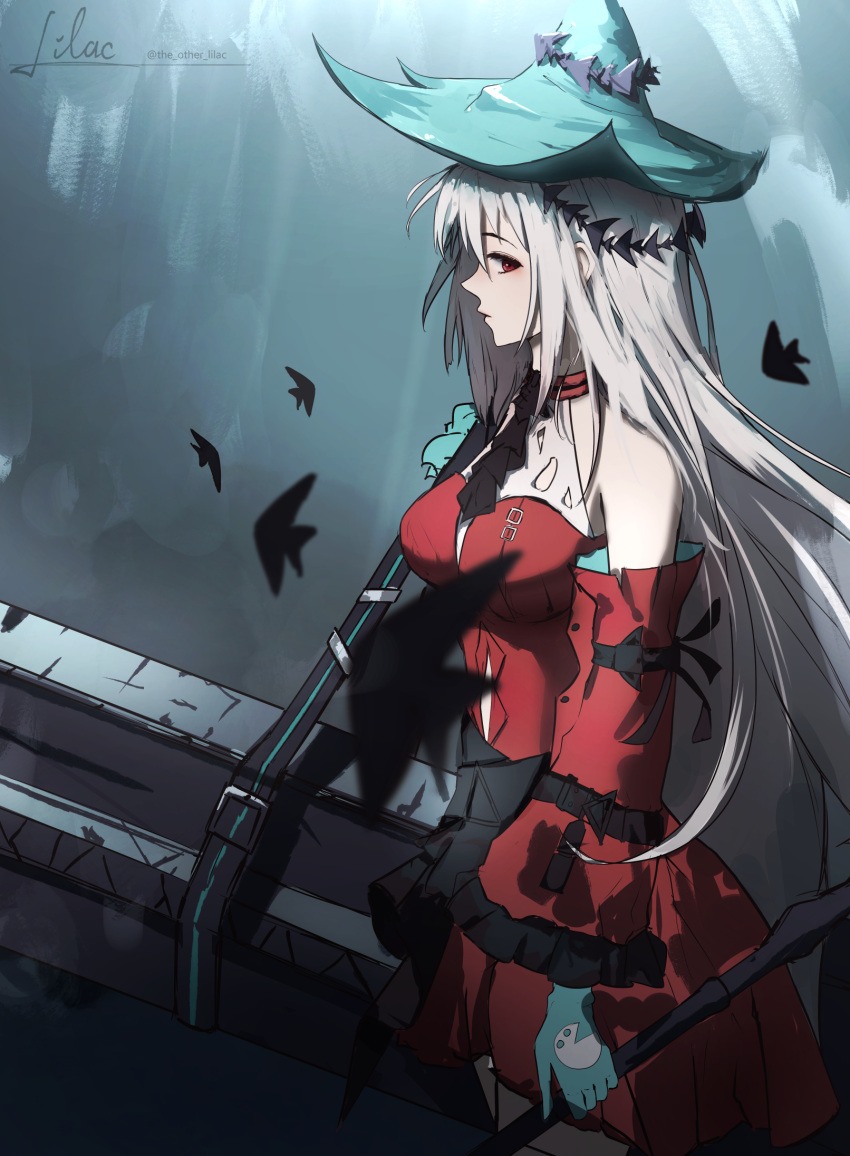 1girl aqua_gloves aqua_headwear arknights ascot bag bare_shoulders black_ascot closed_mouth commentary cowboy_shot dress english_commentary fish from_side gloves highres holding holding_weapon long_hair long_sleeves off-shoulder_dress off_shoulder official_alternate_costume profile red_dress red_eyes shoulder_bag signature skadi_(arknights) skadi_the_corrupting_heart_(arknights) solo the_other_lilac twitter_username weapon weapon_case white_hair