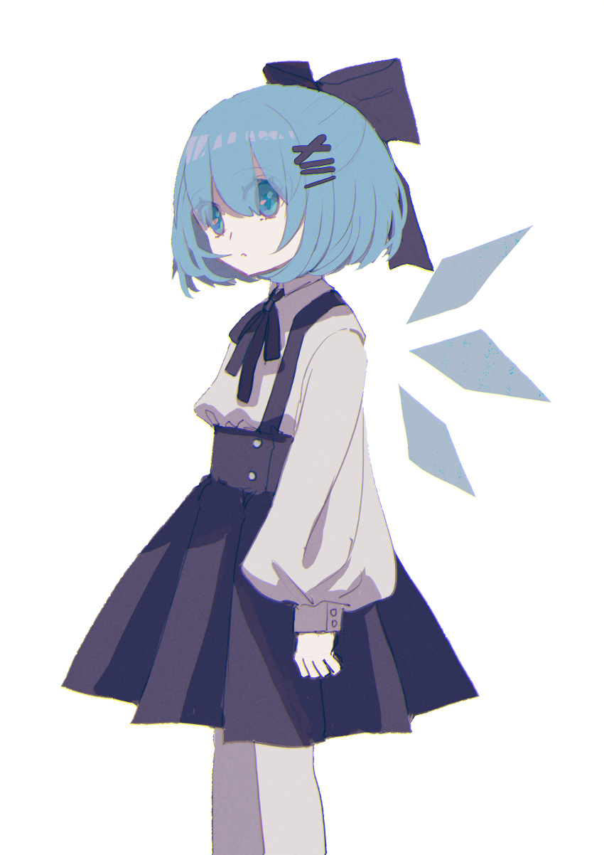 1girl absurdres alternate_costume bangs blue_bow blue_eyes blue_hair bow cirno closed_mouth from_side hair_bow hair_ornament hairclip highres ice ice_wings looking_at_viewer puffy_sleeves shocho_(shaojiujiu) short_hair simple_background solo standing touhou white_background wings