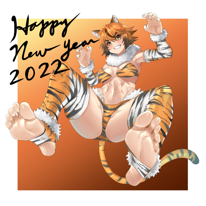 1girl 2022 abs animal_ears animal_print arm_warmers bangs barefoot bikini black_hair breasts chinese_zodiac claw_pose commentary eiji_(eiji) english_text eyebrows_visible_through_hair fang feet fur_scarf gradient_hair grin happy_new_year highres jumping looking_at_viewer medium_breasts multicolored_hair new_year orange_background orange_bikini orange_hair orange_legwear original outside_border print_bikini print_legwear short_hair smile soles solo swimsuit tail thigh-highs tiger_ears tiger_girl tiger_print tiger_tail toeless_legwear toes year_of_the_tiger