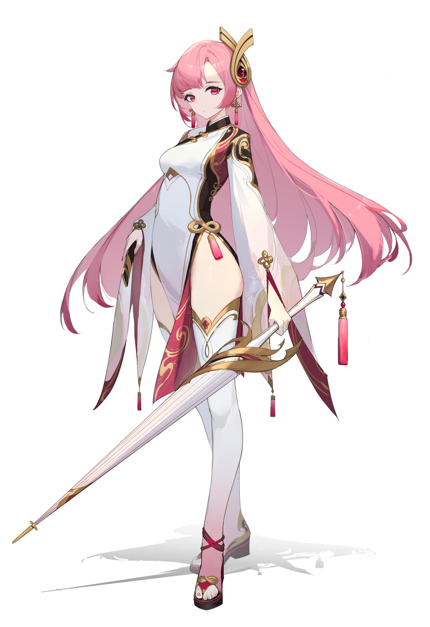 1girl absurdres breasts dress earrings full_body gold_trim hair_ornament highres holding holding_polearm holding_weapon jewelry lance lance_(lancelliu) long_hair long_sleeves looking_at_viewer medium_breasts no_panties original pelvic_curtain pink_hair platform_footwear polearm red_eyes simple_background solo standing tassel thigh-highs thighs toeless_legwear weapon white_background white_dress white_legwear wide_sleeves