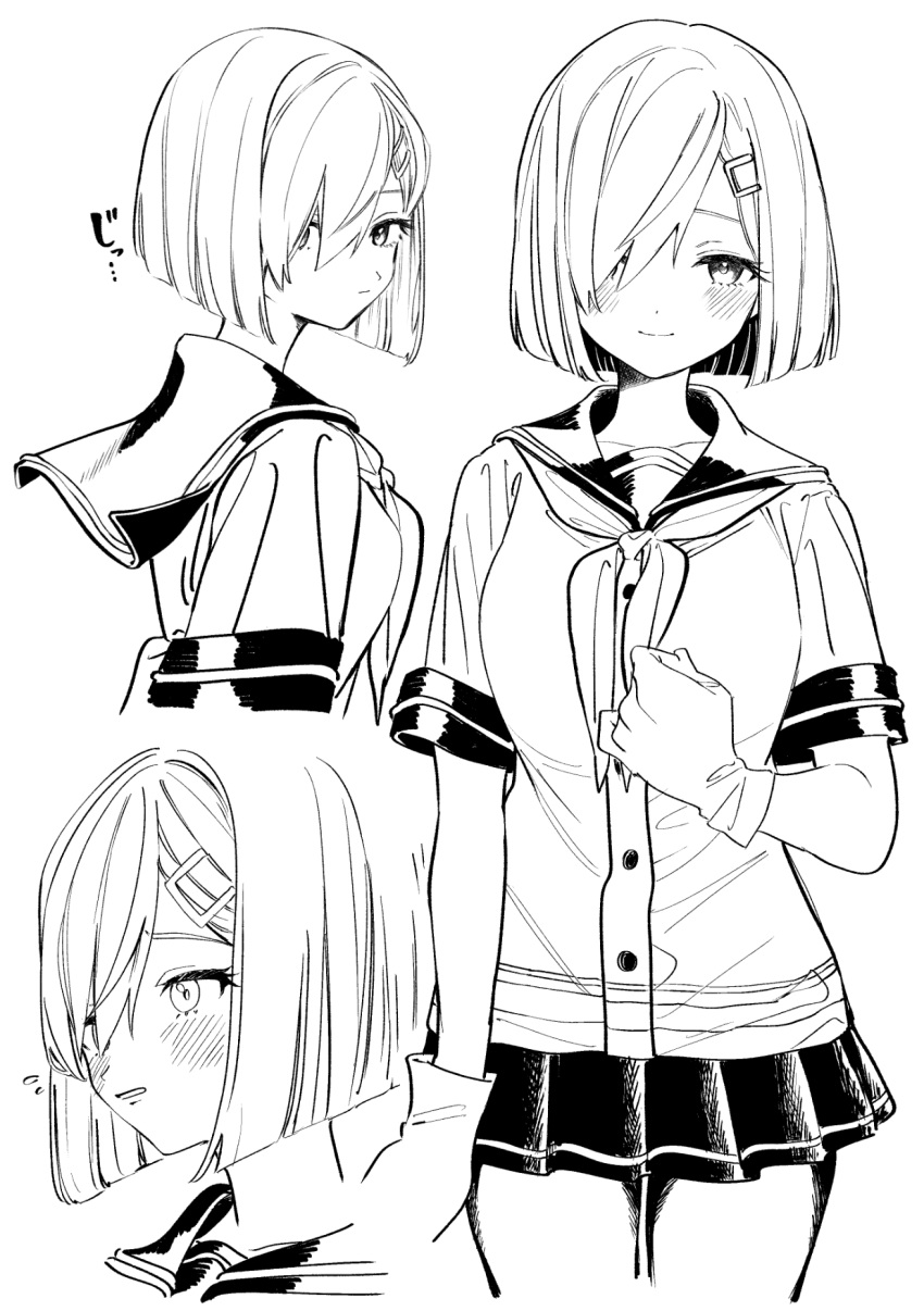 1girl bangs blush breasts closed_mouth deco_(geigeki_honey) gloves greyscale hair_between_eyes hair_ornament hair_over_one_eye hairclip hamakaze_(kancolle) highres kantai_collection looking_at_viewer medium_breasts monochrome multiple_views neckerchief parted_lips pleated_skirt sailor_collar school_uniform serafuku short_hair short_sleeves simple_background skirt smile