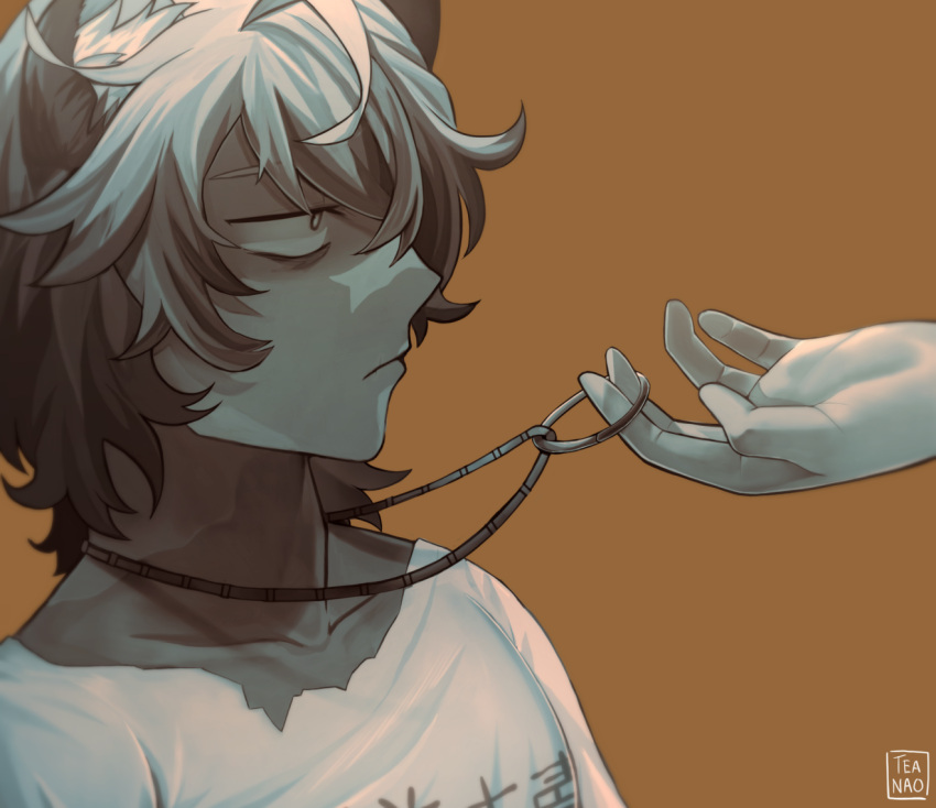1boy 1other animal_ears arknights artist_name bags_under_eyes bear_boy bear_ears grey_eyes grey_hair hands jaye_(arknights) jewelry male_focus necklace ring ring_necklace shirt short_hair simple_background sleepy solo_focus teanao tired white_shirt