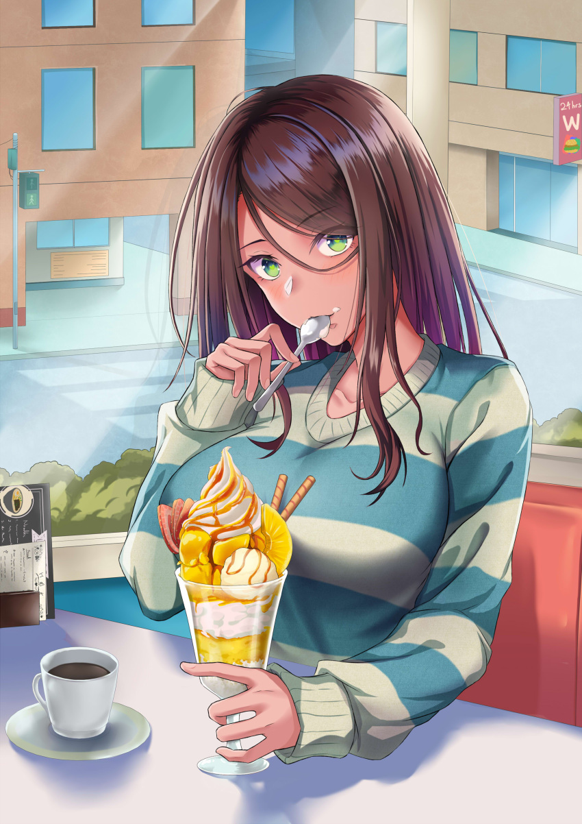1girl absurdres bangs breasts brown_hair cafe coffee_cup collarbone couch cup disposable_cup eyebrows_visible_through_hair food green_eyes highres holding holding_cup holding_spoon ice_cream large_breasts long_hair looking_at_viewer original sbean sitting solo spoon striped striped_sweater sweater table window