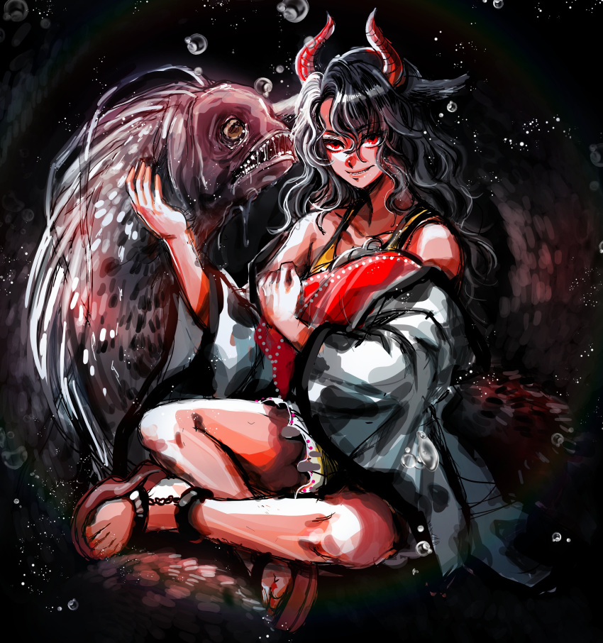 absurdres animal_ears animal_print black_hair bubble cow_ears cow_girl cow_horns cow_print cow_tail fish frilled_shorts frills grey_hair grin haori highres horns indian_style japanese_clothes kuya_(hey36253625) long_hair multicolored_hair red_eyes red_horns red_tail sandals shorts sitting smile split-color_hair statue tail tank_top touhou two-tone_hair ushizaki_urumi wavy_hair yellow_shorts yellow_tank_top