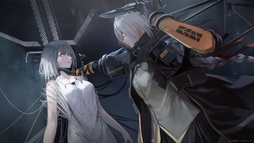 2girls braid braided_ponytail breasts girls_frontline highres knife long_hair m16a1_(girls'_frontline) magazine_(weapon) medium_breasts multicolored_hair multiple_girls official_art paradeus parted_lips rpk-16_(girls'_frontline) sangvis_ferri short_hair spoilers strangling streaked_hair very_long_hair yellow_eyes