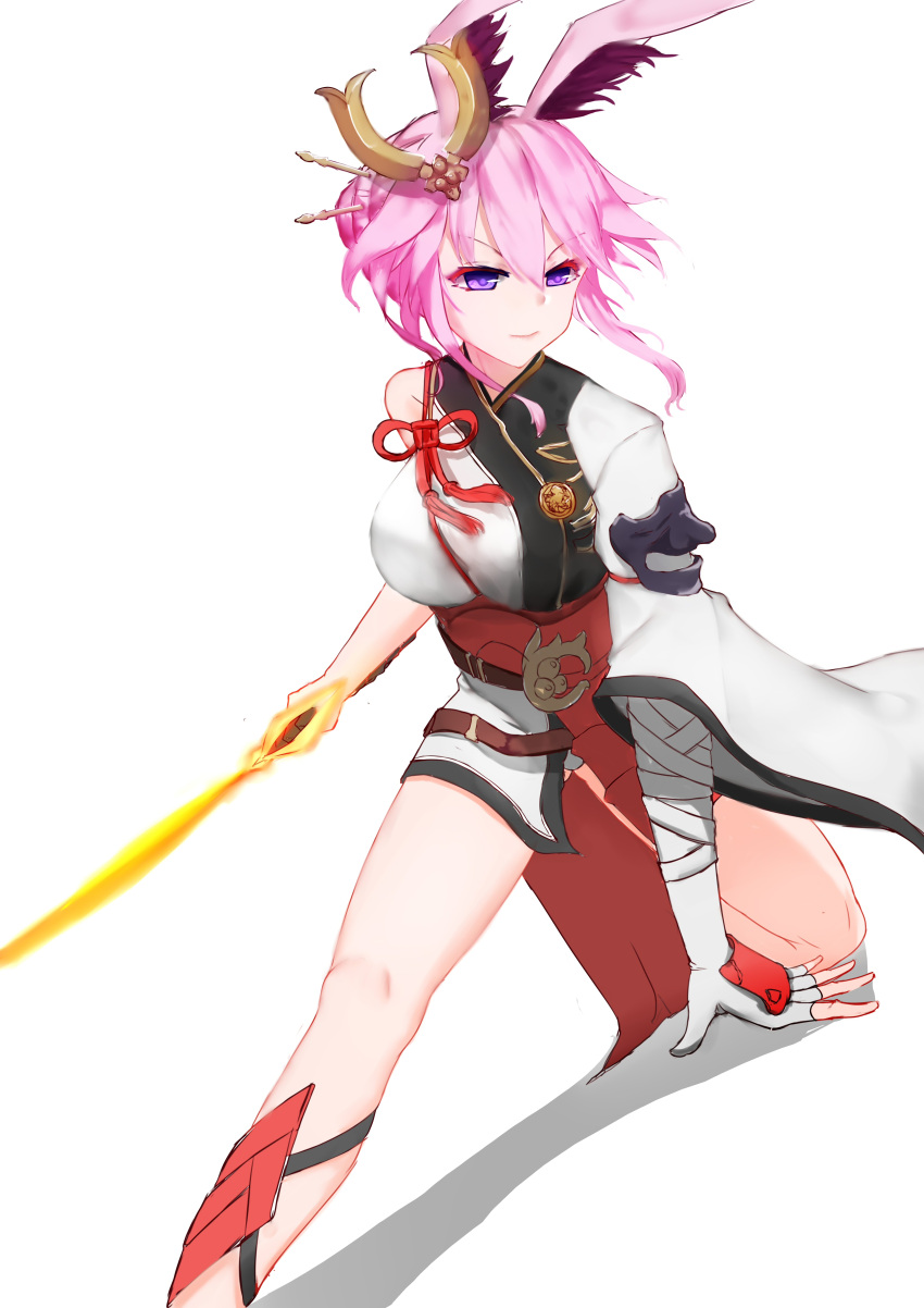 1girl absurdres animal_ears armor bangs closed_mouth fox_ears gloves hair_ornament highres holding holding_sword holding_weapon honkai_(series) honkai_impact_3rd japanese_armor japanese_clothes katana kimono looking_at_viewer pink_hair shadow simple_background single_glove solo sword tiankong_pie_ai violet_eyes weapon white_background white_gloves white_kimono yae_sakura yae_sakura_(flame_sakitama)