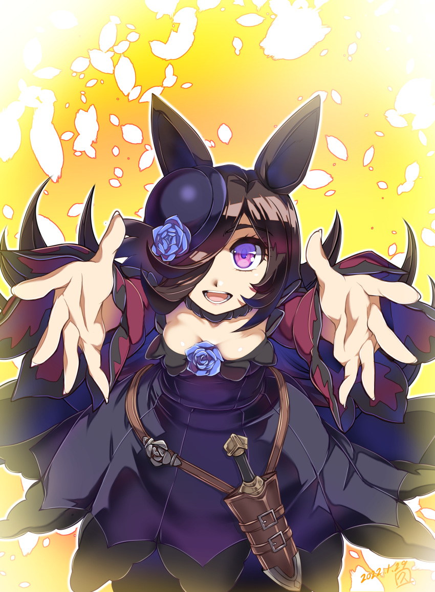 1girl absurdres animal_ears arms_up brown_hair commentary_request dagger dress from_above hair_over_one_eye highres hisahiko horse_ears horse_girl knife long_hair looking_at_viewer open_mouth purple_dress purple_headwear rice_shower_(umamusume) solo teeth tilted_headwear umamusume violet_eyes weapon