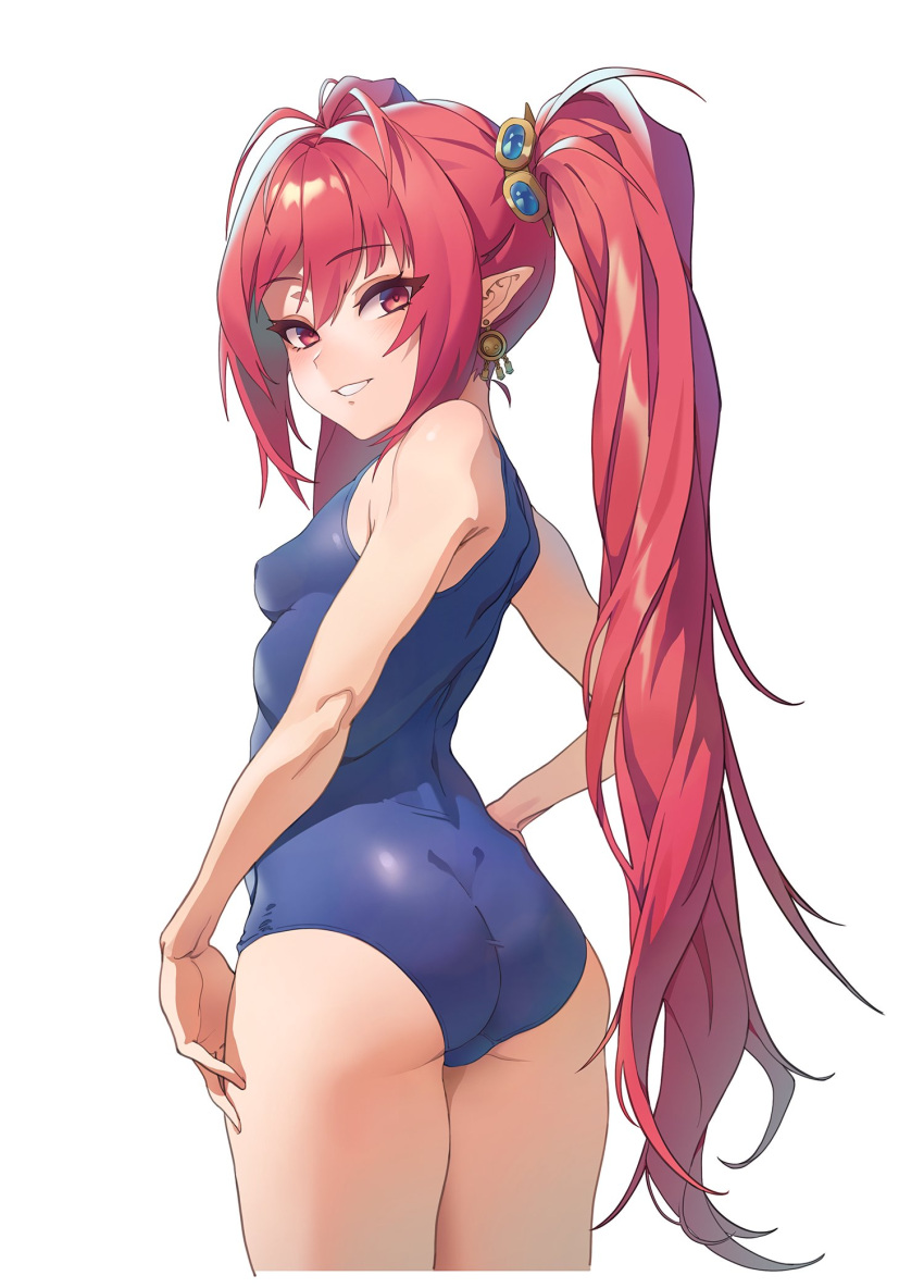 1girl ass bangs blue_swimsuit blush breasts covered_nipples earrings eyebrows_visible_through_hair from_behind hair_between_eyes hair_ornament head_tilt highres jewelry long_hair one-piece_swimsuit original parted_lips pointy_ears red_eyes simple_background small_breasts solo swimsuit twintails very_long_hair white_background zzzearly