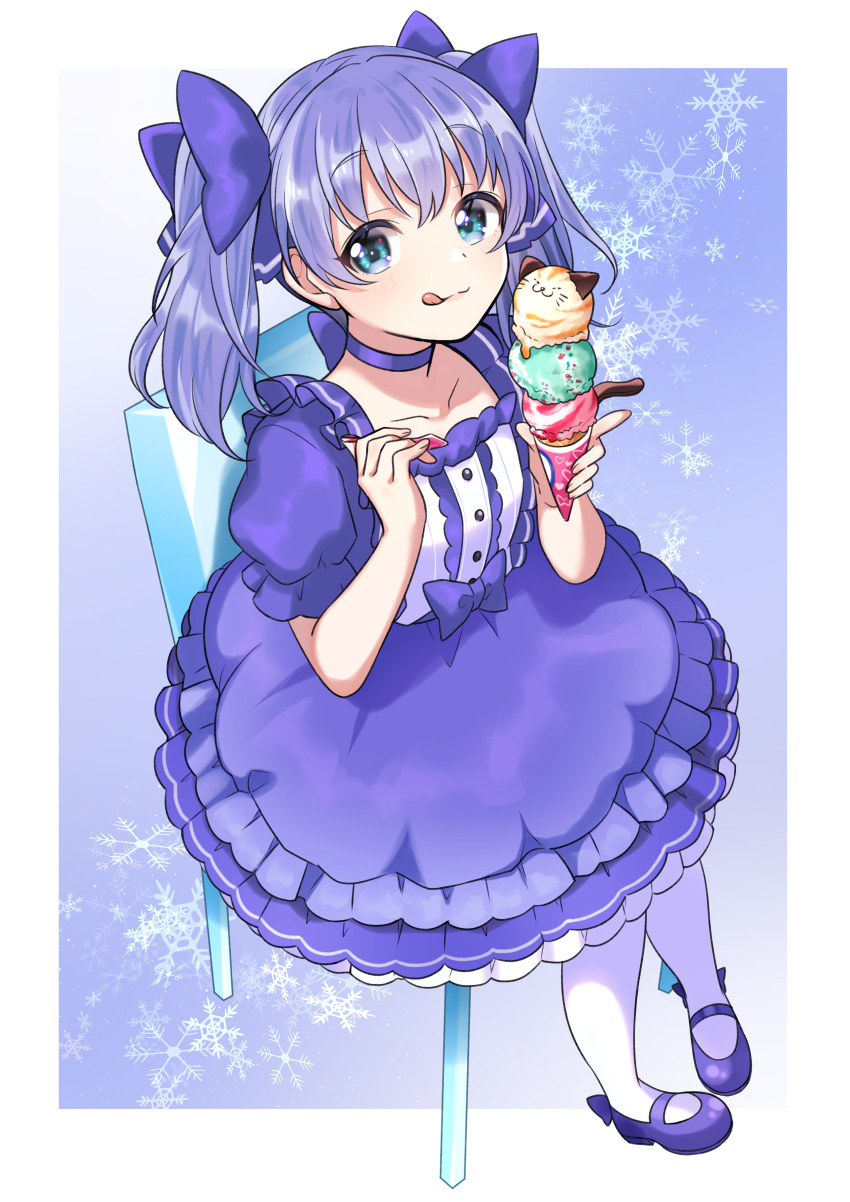 1girl absurdres bangs blue_dress blue_eyes blue_hair blue_ribbon collarbone commission dress food from_above hair_ribbon highres holding holding_food ice_cream ice_cream_cone kanpachi_(ill_knpch) licking_lips looking_up nijisanji pantyhose ribbon sitting skeb_commission smile solo tongue tongue_out twintails virtual_youtuber white_legwear yuuki_chihiro
