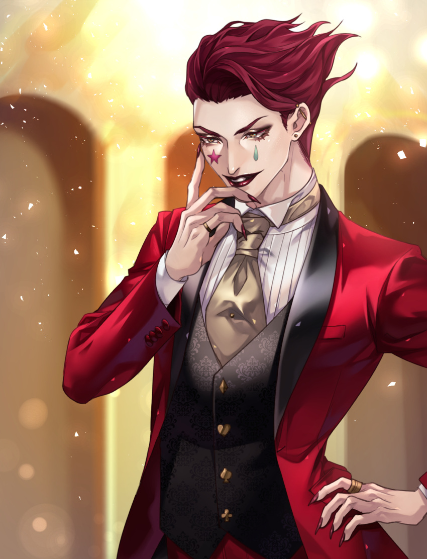 1boy black_vest blurry blurry_background ear_piercing earrings facial_mark hand_on_hip highres hisoka_morow hunter_x_hunter jewelry kitikumeganer lipstick makeup male_focus necktie piercing red_nails red_suit redhead ring smile solo standing star_(symbol) star_facial_mark stud_earrings teardrop_facial_mark vest
