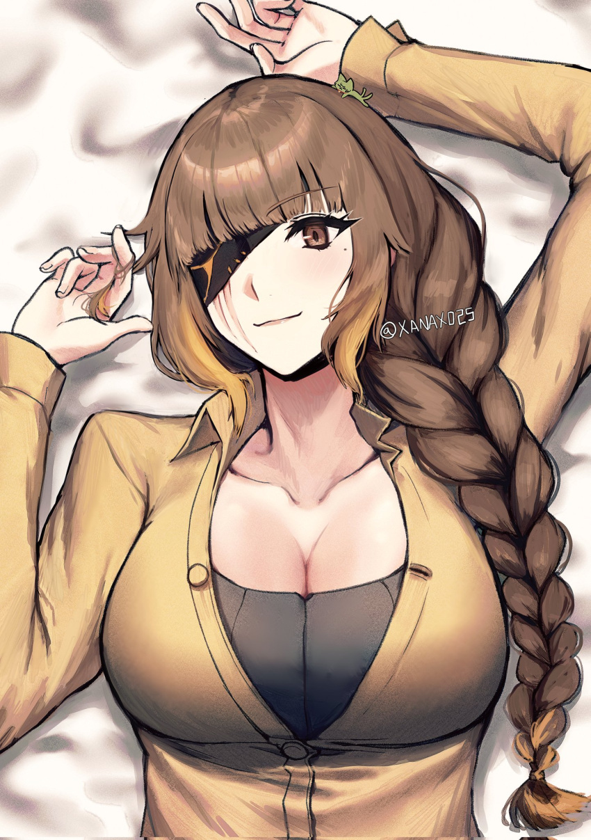 1girl breasts brown_hair closed_mouth eyepatch girls_frontline highres large_breasts looking_at_viewer lying m16a1_(boss)_(girls'_frontline) m16a1_(girls'_frontline) mole mole_under_eye multicolored_hair necktie scar scar_across_eye scar_on_face simple_background smile solo xanax025