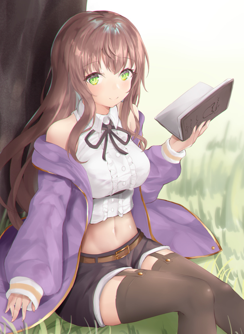 1girl bangs bare_shoulders belt black_ribbon black_shorts blush book breasts brown_belt brown_hair brown_legwear center_frills closed_mouth collared_shirt commentary_request commission crop_top eyebrows_visible_through_hair frills garter_straps grass green_eyes groin hair_between_eyes highres holding holding_book ichiyo_tsuyu_(glacia_glagla) jacket large_breasts long_hair long_sleeves looking_at_viewer midriff navel neck_ribbon off_shoulder open_book original purple_jacket ribbon shadow shirt short_shorts shorts sidelocks sitting skeb_commission sleeveless sleeveless_shirt sleeves_past_wrists smile solo thigh-highs tree underbust white_shirt