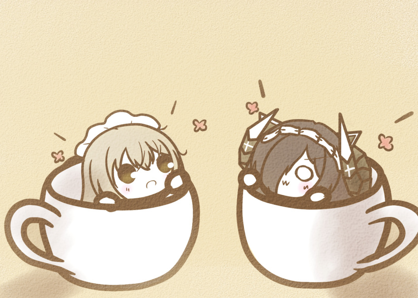 2girls :3 august_von_parseval_(azur_lane) azur_lane black_hair cup curled_horns flower hair_between_eyes hair_over_one_eye hermione_(azur_lane) horns in_container in_cup koti long_hair maid_headdress mechanical_horns multiple_girls simple_background yellow_background
