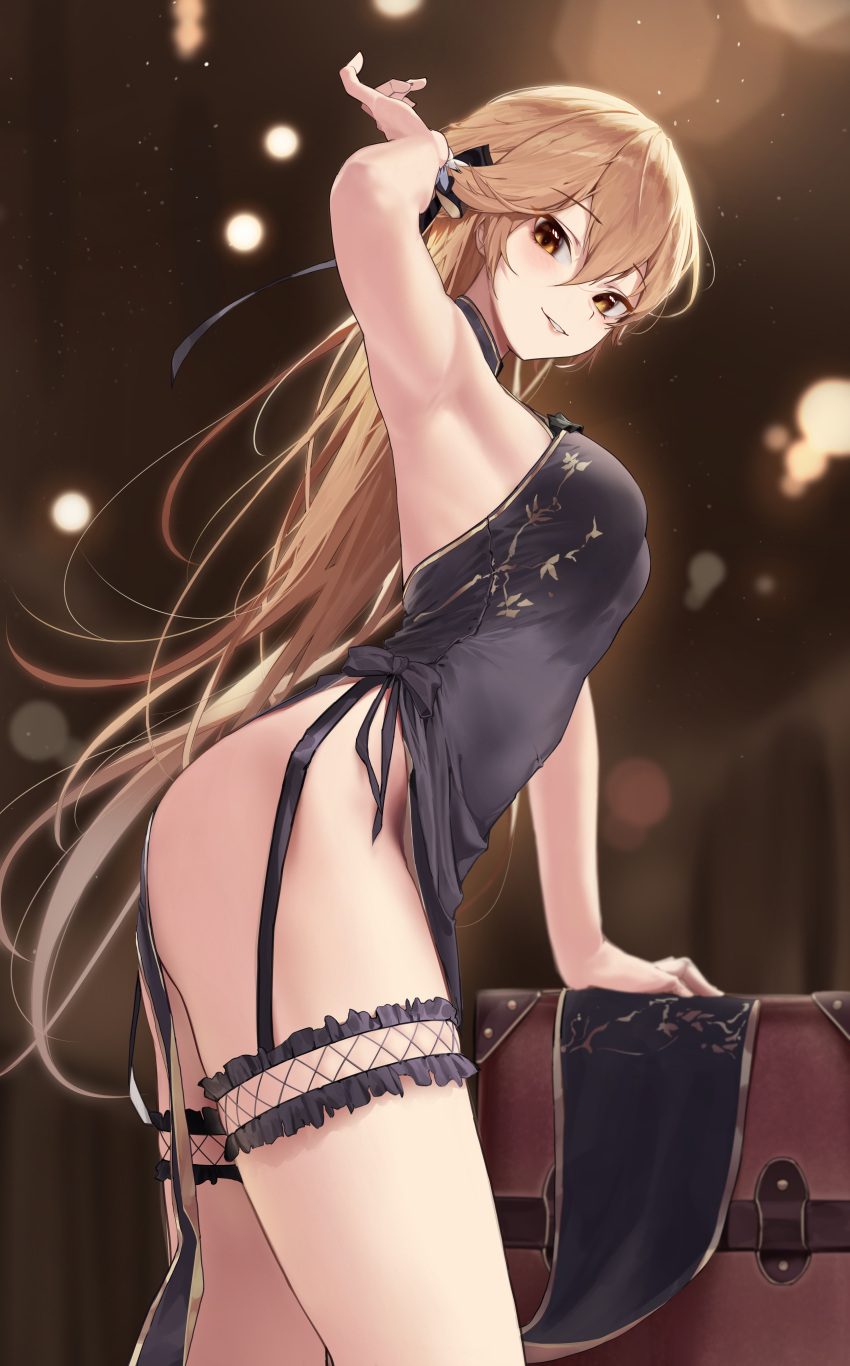 1girl absurdres armpits bangs black_dress blonde_hair blush breasts closed_mouth commission dress eyebrows_visible_through_hair feet_out_of_frame girls_frontline hair_ribbon hand_in_hair hand_up highres leaning_forward lips long_hair looking_at_viewer marrrrrr medium_breasts no_panties official_alternate_costume ots-14_(girls'_frontline) ots-14_(sangria_succulent)_(girls'_frontline) pixiv_request ribbon sideboob smile solo standing thighs yellow_eyes