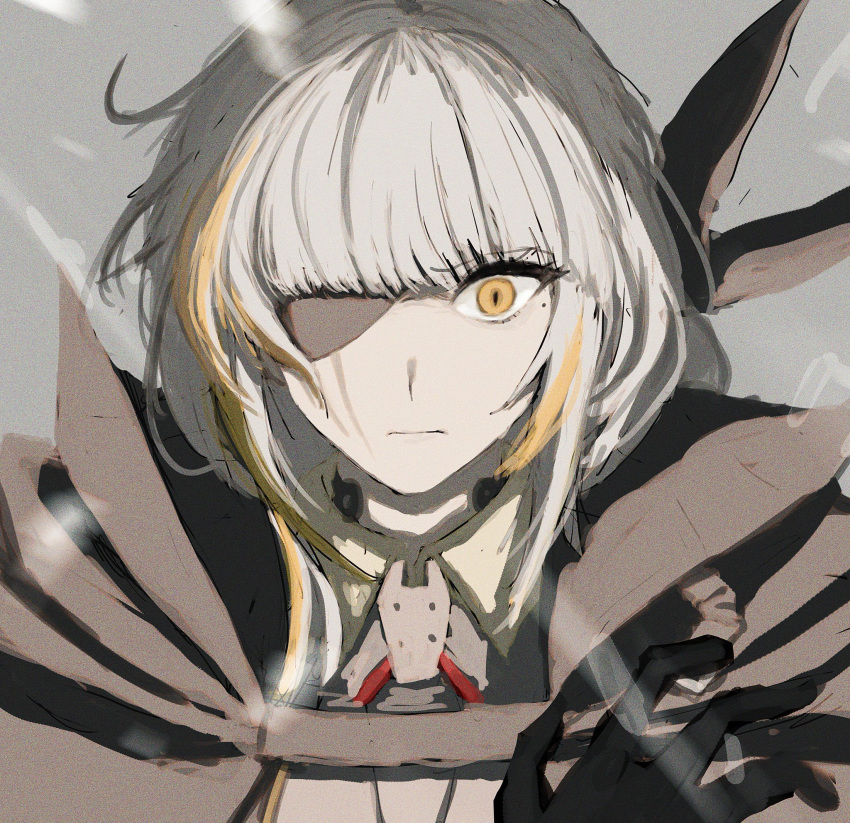 1girl :| artist_name closed_mouth eyepatch girls_frontline grey_background highres m16a1_(boss)_(girls'_frontline) m16a1_(girls'_frontline) mole mole_under_eye multicolored_hair paw_print paw_print_background scar scar_across_eye scar_on_face simple_background streaked_hair white_hair xanax025 yellow_eyes
