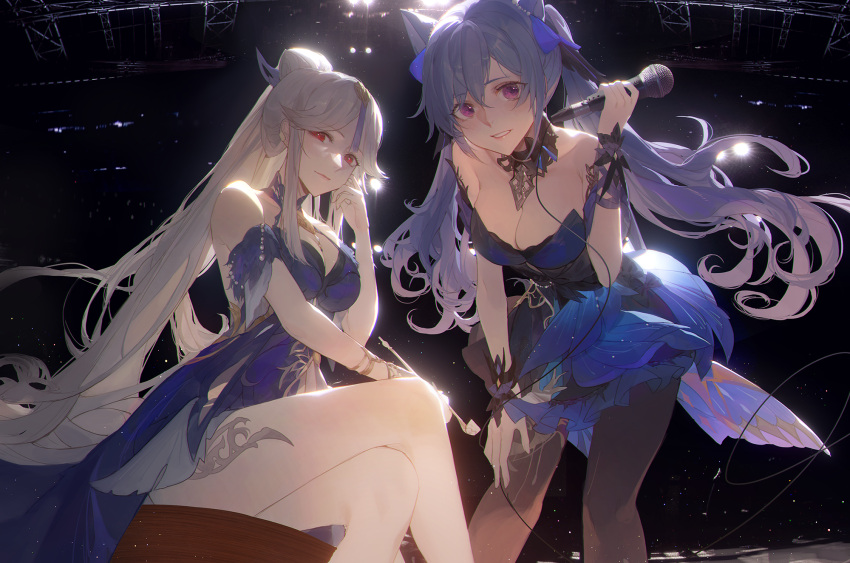 2girls bangs bare_shoulders black_legwear blue_hair breasts commentary_request crossed_legs genshin_impact highres holding holding_microphone holding_pipe keqing_(genshin_impact) kuroduki_(pieat) large_breasts leaning_forward long_hair looking_at_viewer microphone multiple_girls ningguang_(genshin_impact) pantyhose parted_bangs parted_lips pipe ponytail red_eyes sitting smile stage twintails very_long_hair violet_eyes
