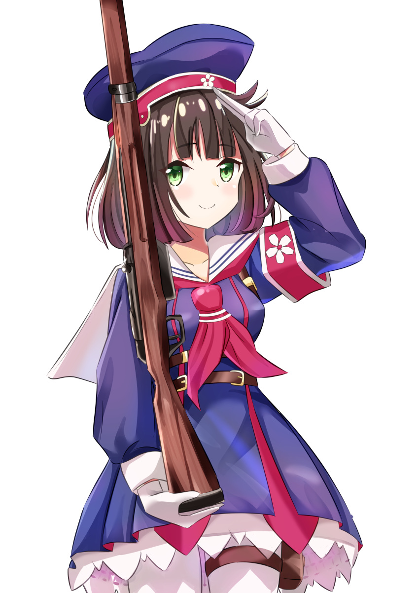 1girl absurdres bangs battle_rifle blue_headwear blush brown_hair closed_mouth eyebrows_visible_through_hair feet_out_of_frame girls_frontline gloves green_eyes gun highres holding holding_gun holding_weapon holster looking_at_viewer medium_hair mutugorou_u rifle salute smile solo standing type_4_(girls'_frontline) type_4_rifle uniform weapon white_background white_gloves
