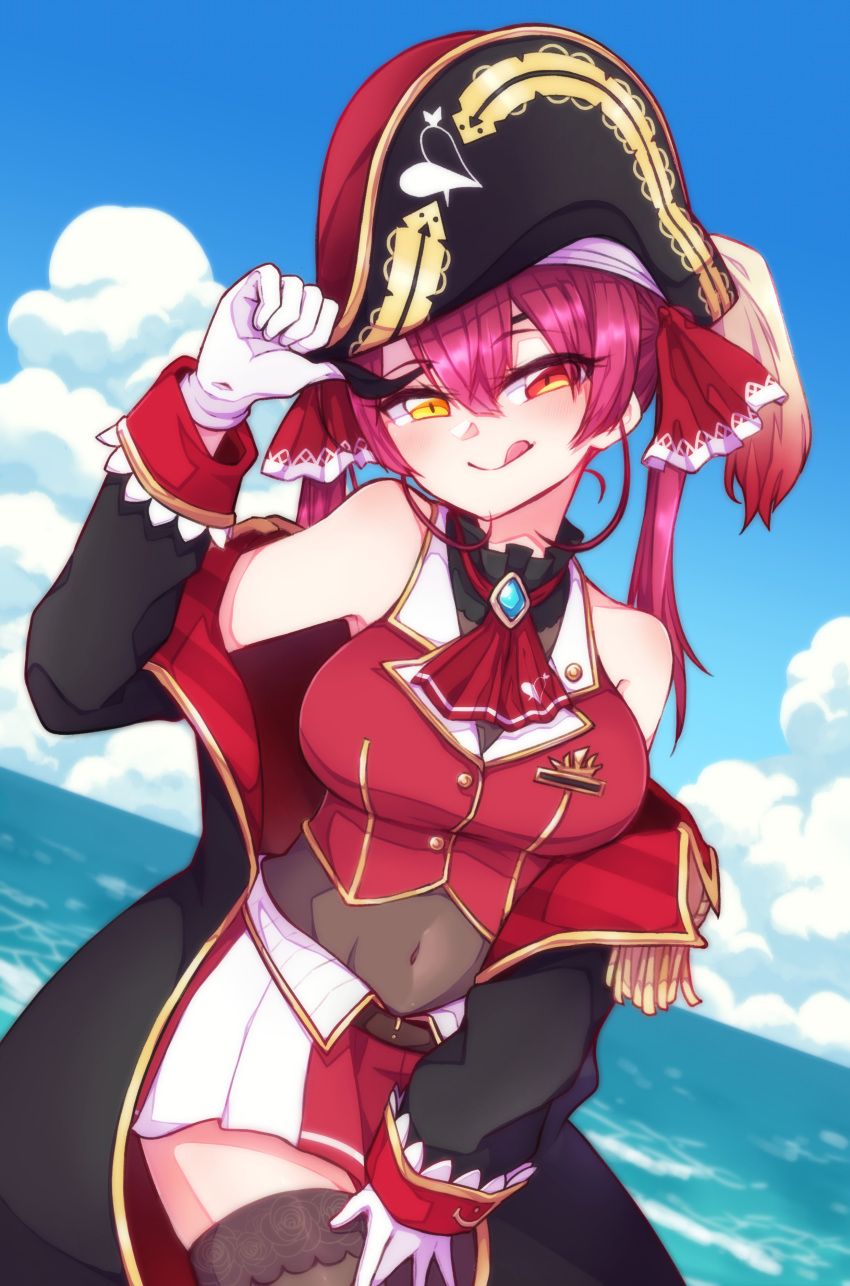 1girl absurdres bangs black_headwear black_jacket bodystocking breasts brown_eyes clouds covered_navel gloves hand_on_own_thigh hat heterochromia highres hololive houshou_marine jacket licking_lips medium_breasts nekotaririn ocean off_shoulder pirate_hat red_eyes red_skirt skirt sky solo tongue tongue_out twintails virtual_youtuber white_gloves