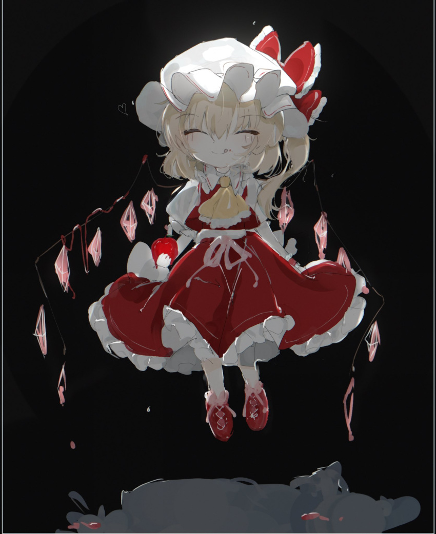 1girl :q ascot bangs black_background blonde_hair bow closed_eyes closed_mouth crystal eyebrows_visible_through_hair facing_viewer flandre_scarlet full_body hat hat_bow highres kureha_ki908 mob_cap one_side_up red_bow red_footwear red_skirt red_vest shirt simple_background skirt smile solo tongue tongue_out touhou vest white_headwear white_shirt wings yellow_ascot