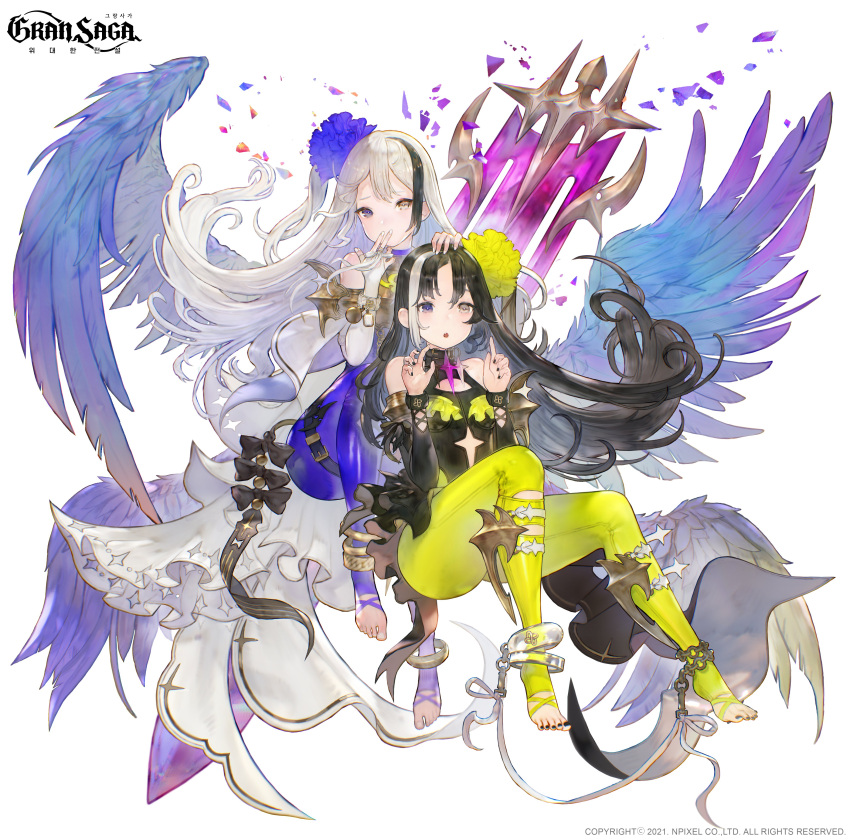 2girls absurdres black_hair blue_eyes clothing_cutout detached_sleeves feathered_wings fingerless_gloves floating full_body gloves gran_saga grey_eyes heterochromia highres leotard long_hair multicolored_hair multiple_girls official_art pantyhose riesun simple_background streaked_hair toeless_legwear two-tone_hair white_background white_hair wings