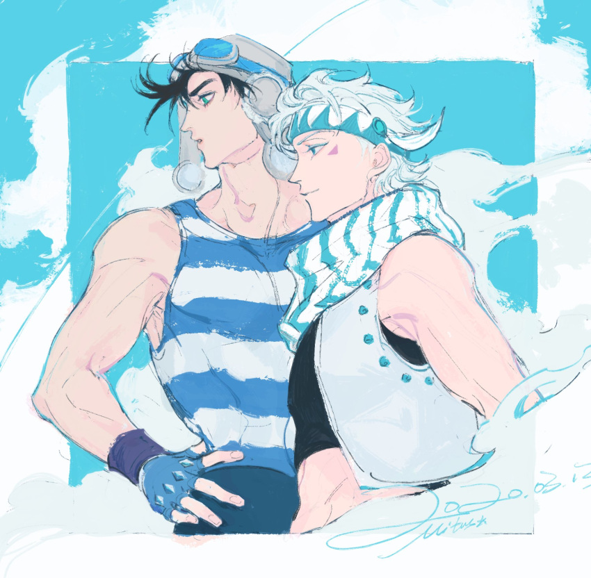 2boys aviator_cap bare_shoulders battle_tendency black_hair blue_eyes caesar_anthonio_zeppeli clouds crop_top cropped_vest facial_mark feather_hair_ornament feathers fingerless_gloves gloves goggles goggles_on_headwear hair_ornament hands_on_hips headband highres jojo_no_kimyou_na_bouken joseph_joestar joseph_joestar_(young) male_focus midriff mitus multiple_boys no_undershirt official_alternate_costume scarf shirt sky striped striped_scarf striped_shirt tank_top triangle_print vest white_hair