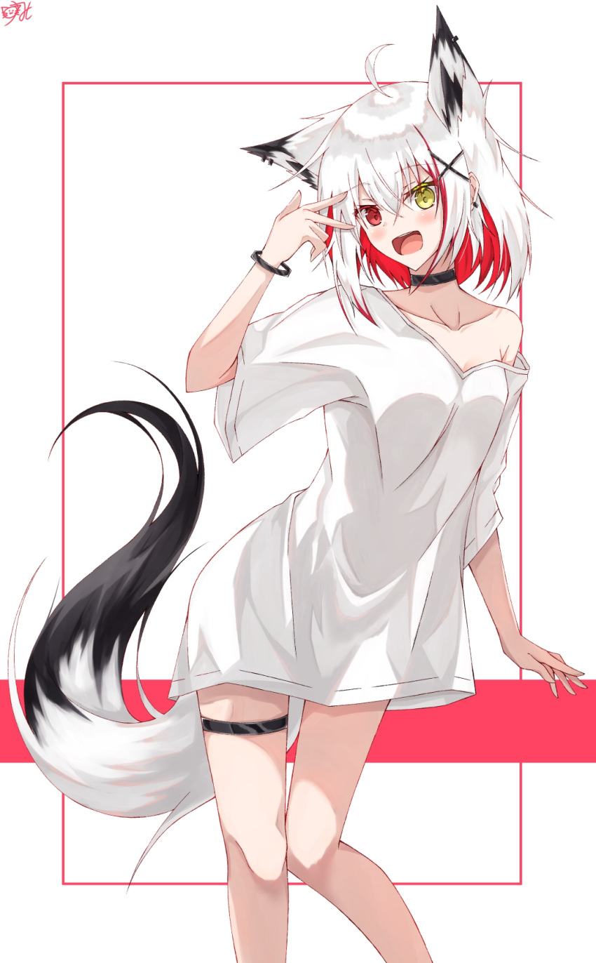 1girl ahoge animal_ear_fluff animal_ears bangs bare_shoulders black_choker blush bracelet choker collarbone colored_inner_hair earrings extra_ears eyebrows_visible_through_hair fox_ears fox_girl fox_tail hair_between_eyes hair_ornament hand_up heterochromia highres jewelry knees_together_feet_apart legs medium_hair multicolored_hair no_pants off_shoulder open_mouth original oversized_clothes oversized_shirt pink_background red_eyes redhead shirt signature simple_background solo standing sumishi_(sumisi_3) tail thigh_strap v_over_eye white_background white_hair white_shirt x_hair_ornament yellow_eyes