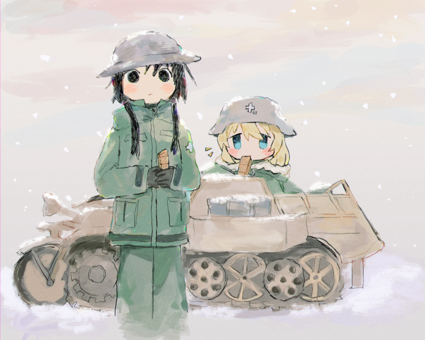 2girls :t bad_id bad_tumblr_id bangs black_eyes black_gloves black_hair blonde_hair blush brodie_helmet celry chito_(shoujo_shuumatsu_ryokou) closed_mouth eating expressionless feet_out_of_frame film_grain food fur-trimmed_hood fur_trim gloves green_jacket green_pants grey_headwear hair_between_eyes half-track hands_up helmet highres holding holding_food hood hood_down hooded_jacket jacket kettenkrad legs_together long_hair long_sleeves looking_at_viewer low_twintails military military_helmet military_jacket military_uniform military_vehicle mouth_hold multiple_girls muted_color no_nose no_pupils notice_lines outdoors own_hands_together pants pocket short_hair shoujo_shuumatsu_ryokou sleeves_past_wrists snow snowing stahlhelm standing straight-on swept_bangs twintails uniform yuuri_(shoujo_shuumatsu_ryokou)