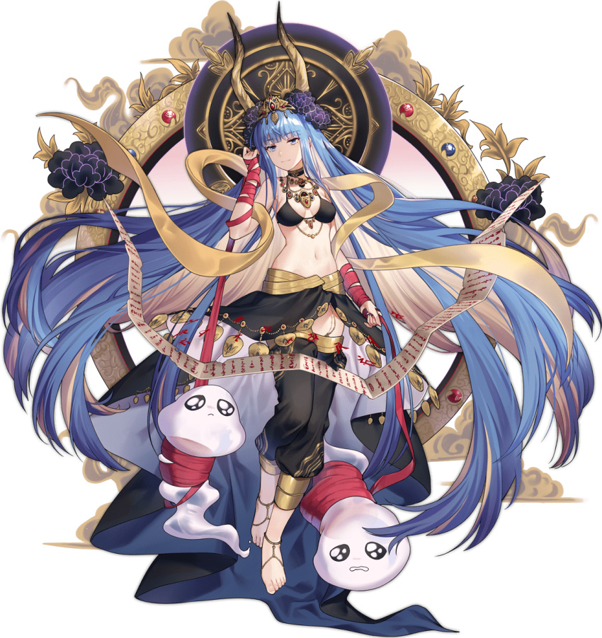 1girl absurdly_long_hair anklet ark_order black_bra black_flower black_pants black_skirt blue_eyes blue_hair bra breasts closed_mouth clouds colored_inner_hair crown flower frown full_body ghost gold hair_flower hair_ornament highres horns jewelry lan_ren_hui long_hair looking_at_viewer medium_breasts multicolored_hair necklace official_art pants platinum_blonde_hair red_ribbon ribbon sad scroll skirt smile solo tachi-e toenails transparent_background underwear very_long_hair wrist_ribbon yama_(ark_order)