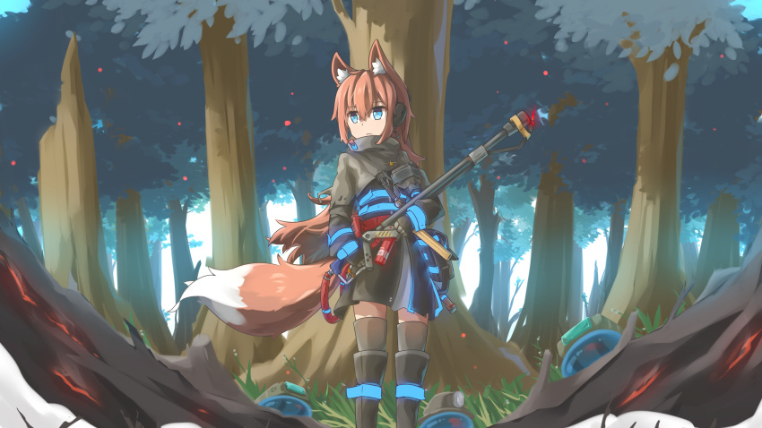 absurdres ahoge animal_ear_fluff animal_ears bangs black_dress black_gloves black_legwear blue_eyes day dress eyebrows_visible_through_hair flamethrower forest fox_ears fox_girl fox_tail gloves hair_between_eyes hair_over_shoulder highres hinbackc holding holding_weapon long_hair long_sleeves looking_to_the_side nature original outdoors redhead scenery short_dress tail thigh-highs weapon zettai_ryouiki