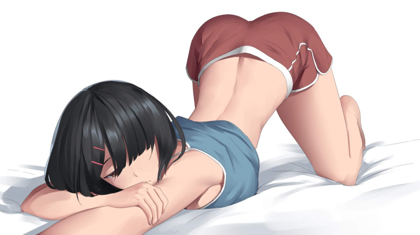 1girl back bad_perspective bangs bare_shoulders barefoot bed_sheet bent_over black_hair blue_tank_top brown_eyes hair_between_eyes hair_ornament hair_over_one_eye hairclip half-closed_eyes highres jitome one_eye_covered original red_shorts revian_samuel_dani shiny shiny_hair short_hair short_shorts shorts simple_background sleeveless solo tank_top top-down_bottom-up white_background