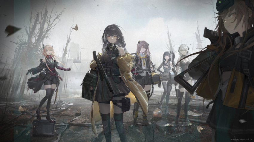 404_(girls'_frontline) 6+girls architect_(girls'_frontline) black_hair brown_hair full_body gager_(girls'_frontline) gas_mask girls_frontline h&amp;k_ump9 highres light_brown_hair long_hair m4_sopmod_ii_(girls'_frontline) mask mod3_(girls'_frontline) multiple_girls official_art pleated_skirt ro635 ro635_(girls'_frontline) sangvis_ferri skirt thigh-highs ump45_(girls'_frontline) ump9_(girls'_frontline) very_long_hair white_hair