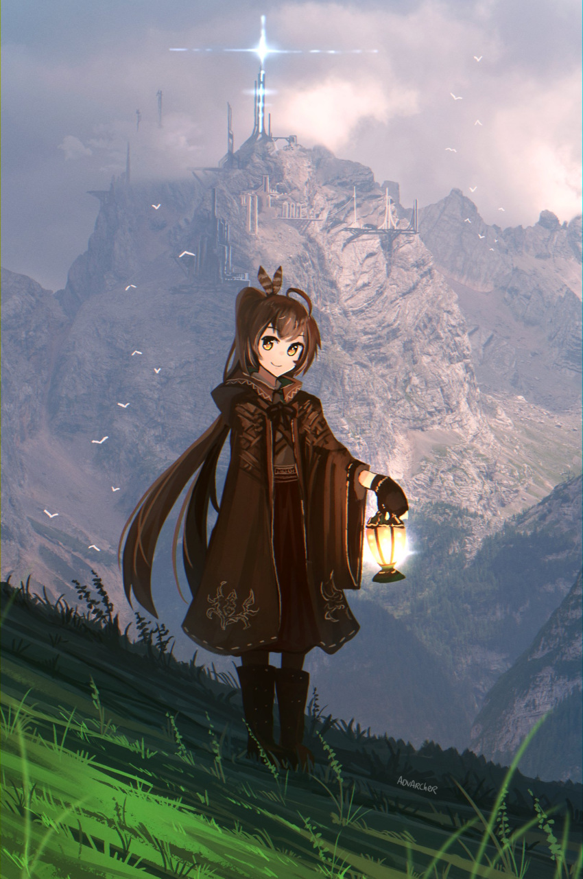 1girl absurdres ahoge anonamos artist_name bangs bird black_gloves boots brown_cloak brown_dress brown_eyes brown_hair building cloak dress feather_hair_ornament feathers fingerless_gloves full_body gloves glowing grass hair_ornament highres hill holding holding_lantern hololive hololive_english hood hood_down hooded_cloak lantern long_hair looking_at_viewer mountain mountainous_horizon nanashi_mumei outdoors ponytail smile solo spire standing tower virtual_youtuber