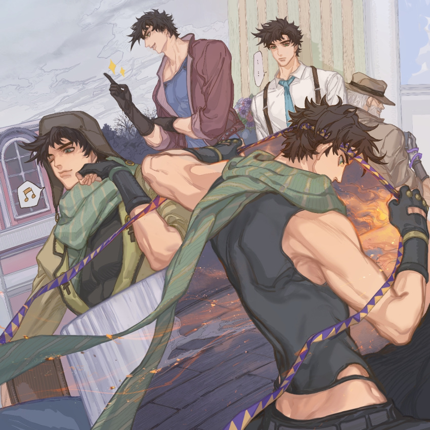 ... 5boys battle_tendency beard bomber_hat bomber_jacket brown_hair brown_jacket crop_top facial_hair fingerless_gloves fire gloves green_eyes green_scarf grey_hair headband hermit_purple jacket jojo_no_kimyou_na_bouken joseph_joestar joseph_joestar_(old) joseph_joestar_(young) male_focus midriff multiple_boys multiple_persona musical_note necktie old old_man older one_eye_closed plant scarf smoke spoken_musical_note stand_(jojo) stardust_crusaders striped striped_scarf suspenders vertical-striped_scarf vertical_stripes vines white_gloves