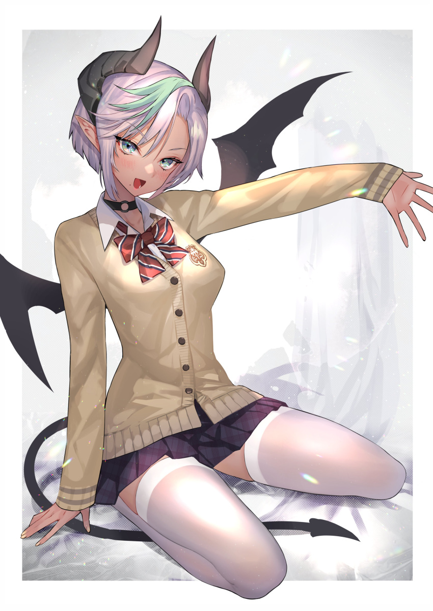 1girl absurdres bow bowtie breasts cardigan choker collared_shirt demon_girl demon_horns demon_tail demon_wings green_eyes highres hitowa horns looking_at_viewer medium_breasts mole mole_under_mouth multicolored_hair o-ring o-ring_choker open_mouth original outstretched_arm pleated_skirt school_uniform shirt short_hair skirt solo streaked_hair tail thigh-highs white_hair white_legwear wings