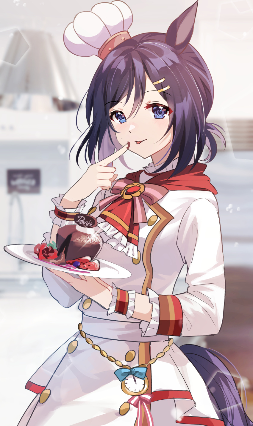 1girl :p absurdres akitsuki_(oenothera) animal_ears blue_eyes blurry blurry_background cake chef_hat chef_uniform chocolate chocolate_cake clock eishin_flash_(umamusume) food hair_ornament hairclip hat highres holding holding_plate horse_ears horse_girl horse_tail kitchen long_sleeves looking_at_viewer plate purple_hair shirt short_hair skirt smile solo tail tongue tongue_out umamusume white_shirt white_skirt wrist_cuffs