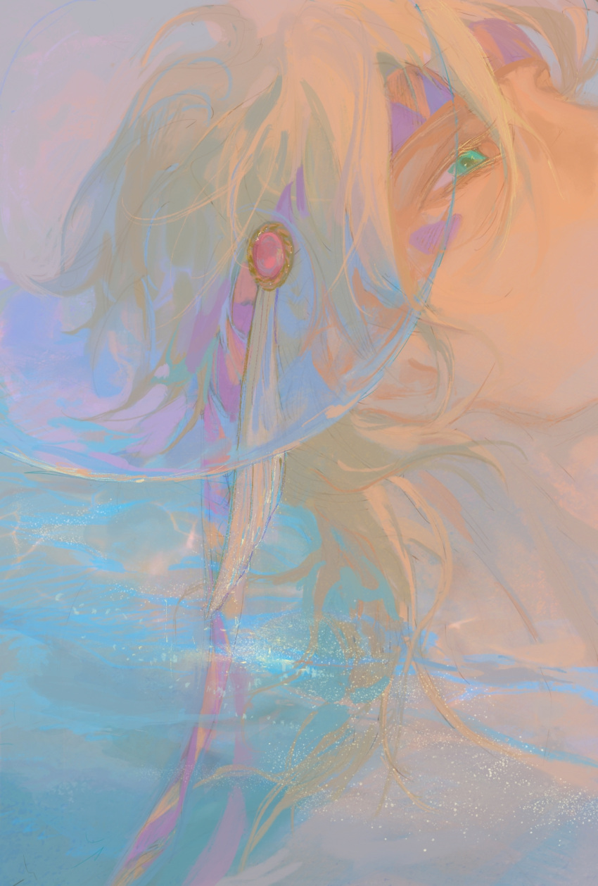 1boy battle_tendency blonde_hair caesar_anthonio_zeppeli close-up facial_mark feather_hair_ornament feathers green_eyes hair_ornament headband highres jojo_no_kimyou_na_bouken male_focus mitus out_of_frame partially_submerged pastel_colors solo