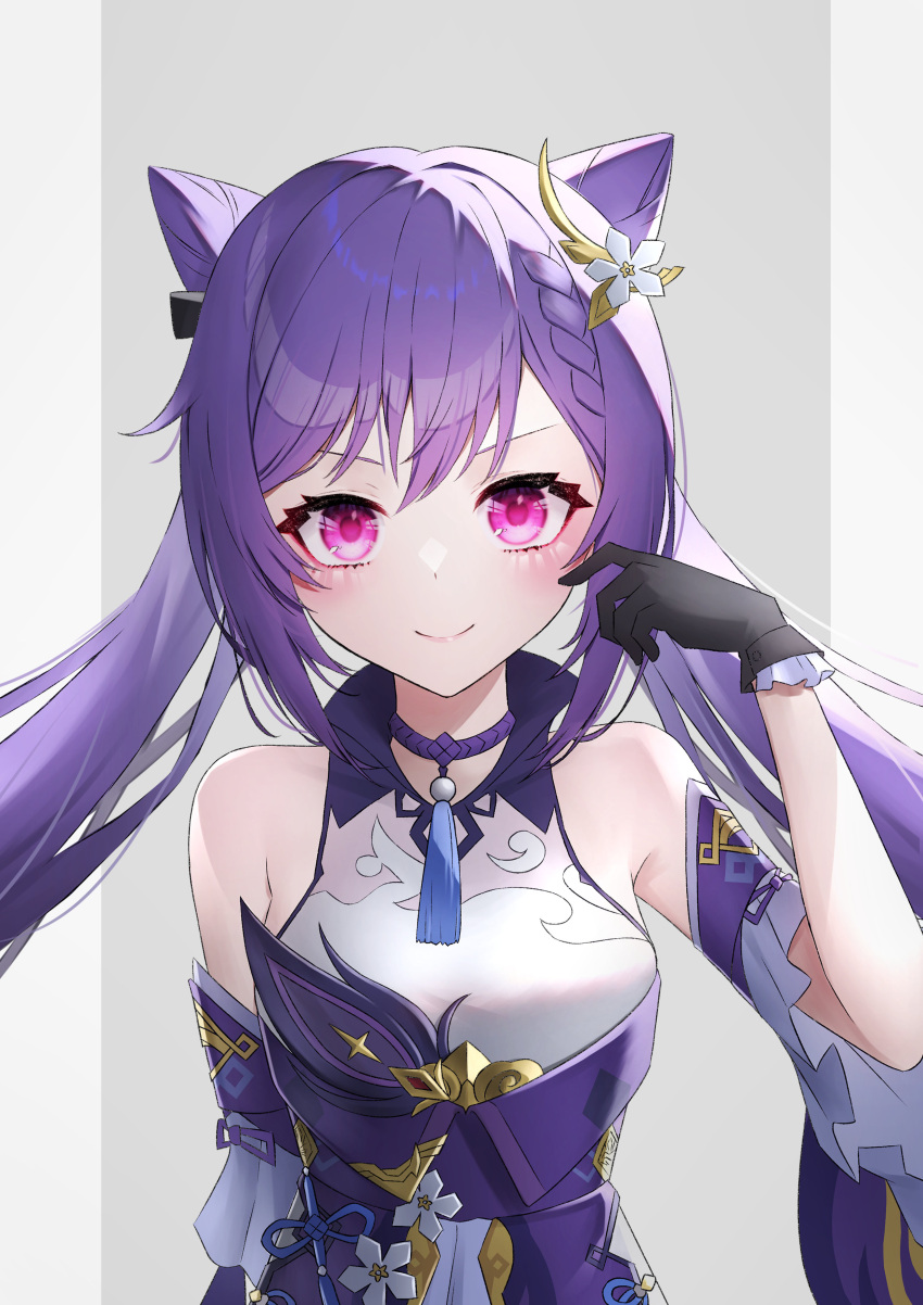 1girl absurdres armpit_crease bare_shoulders black_gloves black_ribbon braid chinese_clothes choker commentary_request detached_sleeves double_bun eyelashes flower genshin_impact gloves hair_cones hair_ornament hair_ribbon highres keqing_(genshin_impact) long_hair long_sleeves looking_at_viewer neck_tassel purple_choker purple_hair red_eyes ribbon shiny shiny_hair sidelocks simple_background single_braid smile solo tassel tassel_choker teeth upper_teeth user_pycf8872 v-shaped_eyebrows white_background