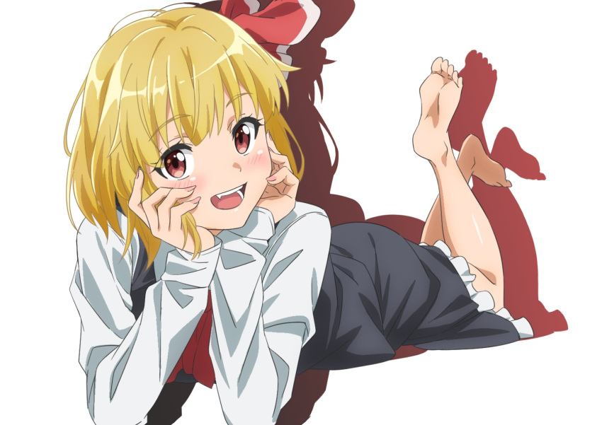 1girl ascot barefoot black_skirt black_vest blonde_hair commentary_request crossed_ankles feet feet_up frilled_skirt frills gyouza_(mhea5724) hair_ribbon head_rest highres legs legs_up long_sleeves looking_at_viewer lying no_shoes on_stomach open_mouth red_ascot red_eyes red_ribbon ribbon rumia shirt short_hair skirt soles solo the_pose toes touhou vest white_shirt