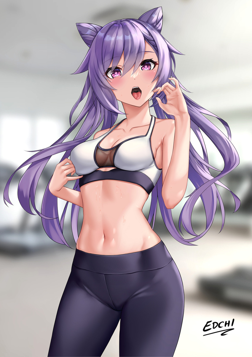 1girl blurry_background blush cat_ears edchi genshin_impact gym indoors keqing_(genshin_impact) long_hair looking_at_viewer navel purple_eyes purple_hair signature sports_bikini sports_bra sportswear stomach sweat tongue_out treadmill