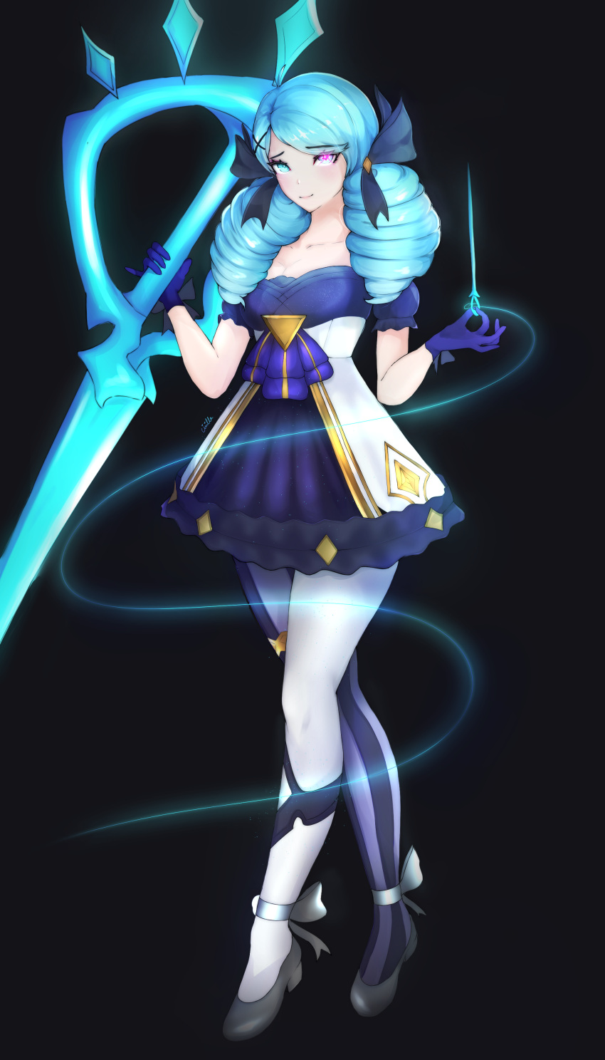 1girl absurdres bangs black_background black_bow blue_eyes blue_gloves blue_hair bow breasts ciirilla_(sullendaisy) collarbone dress drill_hair eyebrows_visible_through_hair full_body gloves gwen_(league_of_legends) hair_bow highres holding holding_needle holding_scissors league_of_legends long_hair looking_at_viewer medium_breasts needle oversized_object scissors sewing_needle simple_background smile solo striped striped_legwear twin_drills twintails
