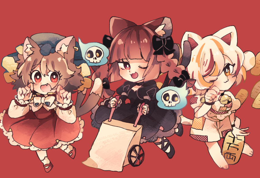 3girls :3 :d ;3 ;d animal_ear_fluff animal_ears bangs barefoot bell black_bow blunt_bangs bow bowtie braid bright_pupils brown_eyes brown_hair cat_ears cat_tail chen chibi claw_pose coin dress earrings fang forked_tail full_body goutokuji_mike hair_bow hair_ribbon hat highres jewelry jingle_bell kaenbyou_rin long_hair maneki-neko mob_cap multicolored_hair multiple_girls nekomata one_eye_closed orange_eyes petticoat ratto_(mobilis_1870) red_background red_dress red_eyes redhead ribbon simple_background single_earring smile streaked_hair tail touhou tress_ribbon twin_braids twintails wheelbarrow white_bow white_bowtie